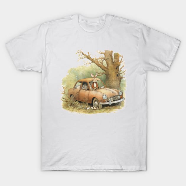 Rabbit an old car in the woods T-Shirt by JnS Merch Store